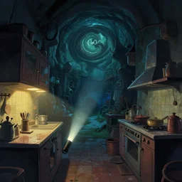 naive nerikomi, weird perspective, extra narrow, detailed illustration of a kitchen dim lit by flashlight in a scenic spiral environment by anton fadeev from lorax movie, trending artstation, vaporwave