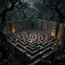 dense dark maze, tall stone walls, gnarled black trees, dusk, volumetric lighting, 8 k octane beautifully detailed render, post - processing, extremely hyper - detailed, intricate, epic composition, intricate, trending on artstation, stunning art by anders zorn, wonderful masterpiece by frank frazetta
