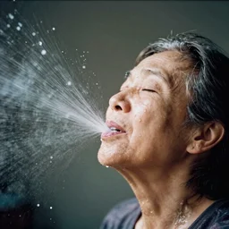 analog photographic portrait with 5 0 mm lens and f / 1 2. 0 of a 9 5. 5 years old woman woman with her eyes closed and spurting from her mouth a white viscous fluid floating in the air. with a slight variation of light in the liquid and gesture.