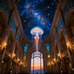 delicate swirling jellyfish artnouveau museum grand hallway interior design, bioluminescent, steampunk artnouveau, constellation nebula ceiling, candlelight, sunset glow, historical architecture, symmetrical wide shot low angle