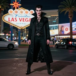 full body portrait of a punk vampire on the Las Vegas strip at night, cinematic, hyper realism, high detail, octane render, 8k, trending on artstation, CGsociety, pinterest, concept art, 35mm, kodak portra