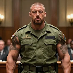 rapper pitbull, wearing military outfit, in senate chamber, herculean, bulging muscular figure, soft lighting, highly detailed face, sharp focus, artstation, sophie anderson, arnold armitage, loish, thomas kinkade