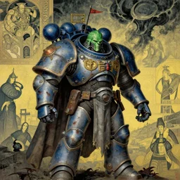 composition of gothic and futuristic, warhammer, cyber armor, more and more scars, storm, green head, blue and yellow, the middle ages, highly detailed, artstation, in the style of moebius, jugendstil and classic japanese print, art by jean delville and rene magritte