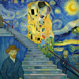 a staircase leading to heaven, van gogh, gustav klimt, goya and edvard munch, trending on artstation