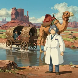 hyperrealist cartoon from howl's moving castle ( 2 0 0 4 ) of a grey scientist and a giant camel caravan in a flooded monument valley, wide shot, hq depth of field.