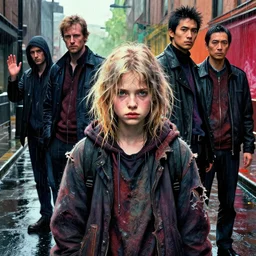 homeless girl portrait, rainy street, messy bleached hair, torn clothing, richard avedon, martin schoeller, victor ngai, id magazine, epic scene, david cronenberg, kilian eng vibrant colours, dynamic lighting, intricate illustration, detailed, beksinski, dan mumford, artstation, greg rutkowski, sharp focus, photoreal, 8 k