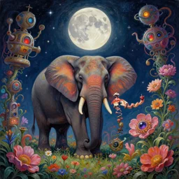 happy full moon! 🌕✨, an elephant surrounded by flowers, by anne stokes and kaja foglio, behance contest winner, psychedelic art, dystopian art, apocalypse art, cosmic horror, by esao andrews, steampunk heaven, by michael komarck and john howe, lovecraftian, machine in flowers, detailed painting, i dream of the machine