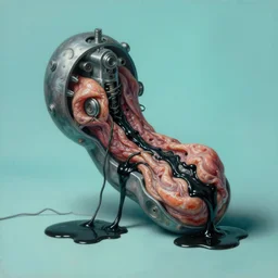 mechanical mitosis, chiaroscuro!, minimalism, sfumato!, flesh bound to metal, loose wires, black oily ooze, hyperrealism, surrealism, realistic cyan shaded lighting, vibrant, cell shaded, by gil elvgren and greg rutkowski and ilya kuvshinov and magali villeneuve