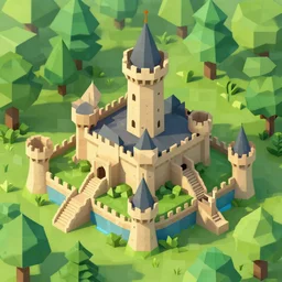 medieval castle in a jungle with towers and moat, 3 d, isometric, low poly