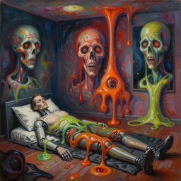 an empty room in the style of constructivism, cyborg sleep, blurred, grotesque, doomed, acrylic paint, high resolution, gouache on canvas, ultra detailed, vibrant colors, grotesque, wrapped thermal background, slimey, art by francis bacon, beksinski painting