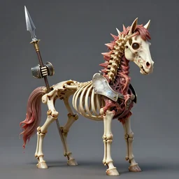 A little colorful and vibrant. A spiked detailed horse skeleton with armored joints stands with halberd in hand. Massive shoulderplates. Extremely high details, realistic, fantasy art, masterpiece, bones, ripped flesh, by Beksinski, Arthur Rackham, Dariusz Zawadzki, Harry Clarke