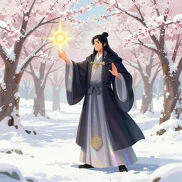 a detailed illustration of a mage casting a spell, snow - covered cherry trees, iridescent skirts, dnd, hearthstone, artstation, painting by artgerm, by wlop, by greg rutkowski, gaston bussiere, craig mullins, mucha, bouguereau, ruan jia.