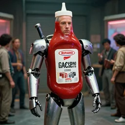 mecha suit mark zuckerberg wearing a ketchup bottle costume, cybercore ravecore, robot, in 1 9 8 7, scene from a kiyoshi kurosawa movie