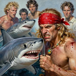 a mixed media portrait painting of an angry man who fights sharks, ultra realistic, highly detailed, long wavy blonde hair, red bandana, topaz necklace, dried blood, cutlass, by frank frazetta, greg rutkowski, christian macnevin, wlop, krenz cushart, epic fantasy character art, volumetric lighting, cgsociety, exquisite detail, masterpiece, cinematic