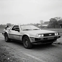 black and white photo of delorean crashed