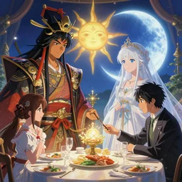 close up moment of a divine a japan sun god and a moon goddess lovers magician at a wedding banquet, highly detailed, genshin, fantasy, 4 k realistic, digital painting, trending on artstation, concept art, sharp focus, illustration, art by makoto shinkai and akihiko yoshida and daniel gerhartz