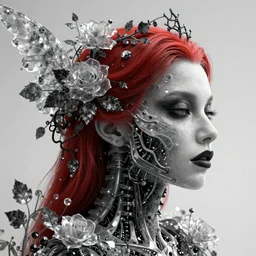mythical dreamy black and white organic bio - mechanical spinal ribbed profile face portrait detail of translucent steampunk beautiful lady gaga seraphim angelic - human - queen - vegetal - cyborg - red - haired, highly detailed, intricate crystal ivy jelly ornate, poetic, translucent roses ornate, 3 d render, digital art, octane render, 8 k artistic photography, photo - realistic, by dora maar