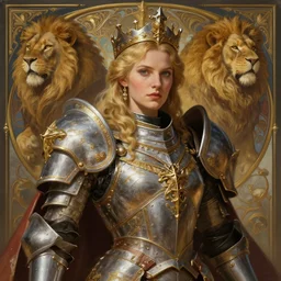 portrait of imogen poots as a warhammer paladin with lions, by sasha tudvaseva, deep focus, intricate, elegant, regal, highly detailed, digital painting, artstation, concept art, matte, sharp focus, illustration, warhammer, fantasy, hearthstone, art by artgerm and greg rutkowski and alphonse mucha