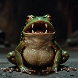 a humanoid frog with a mouth full of sharp teeth laughing maniacally, a satanic ritual, by Brian Froud and John Carpenter, movie still directed by Ridley Scott and cinematography by Roger Deakins