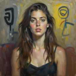 stunning oil painting of a beautiful woman in the style of Basquiat, award winning, masterpiece