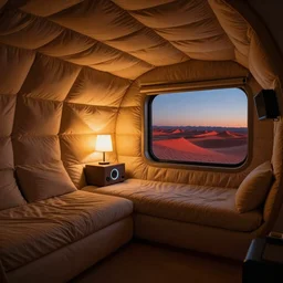 inside cozy luxurious curved sleep-pod with wall to wall padding and sound system, amber ambient, red desert outside window, night time, lighting, atmospheric, polyamorous,  XF IQ4, 150MP, 50mm, F1.4, ISO 200, 1/160s, dawn