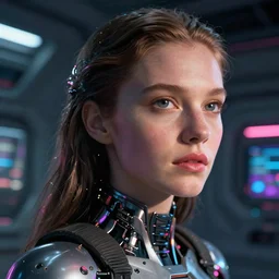 VFX movie of a futuristic cyborg space woman model gorgeous portrait in future spaceship, beautiful natural skin neon lighting by Emmanuel Lubezki