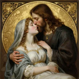 1 8 th jesus kissing a woman, intricate, elegant, highly detailed, digital painting, artstation, concept art, matte, sharp focus, illustration, art by artgerm and greg rutkowski and alphonse mucha