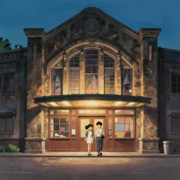 loitering outside the old cinema, evening, hayao miyazaki, artstation