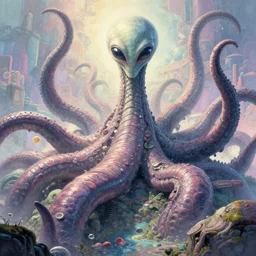giant ancient alien tentacles artwork by takashi shiina, pastel colors, detailed background, extremely detailed, octane rendering, sharp focus, volumetric light, particles, unreal engine 5, rtx