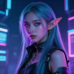 portrait of an elf in a cyberpunk style, neon lights, digital art, artstation cgsociety masterpiece