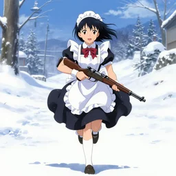 portrait of anime maid maid dress with mosin rifle in hands running winter, anatomically correct!!, perfect figure, symmetry!!, key visual, kyoto animation, makoto shinkai, studio ghibli kushart krenz