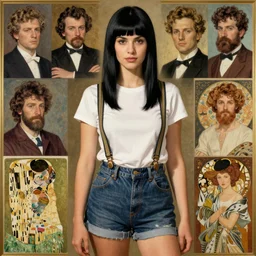 a woman with black hair and long pixie haircut in shorts with suspenders and white t-shirt drawn by Giovanni Boldini, norman rockwell, frank frazetta, alphonso azpiri, maler collier, peter paul rubens, alphonse mucha, gustav klimt 4k, unreal 5, DAZ, french noveau, trending on artstation, octane render, hyperrealistic