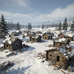 small wooden settlers village, canada in the winter in ruins post - nuclear war in fallout 4, in game screenshot