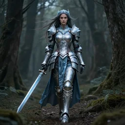 a gorgeous ice queen woman paladin, 8 k, full body dark woods hyperrealistic, windy hair dragon slayer, hyperdetailed, symmetrical face and body high fantasy portrait by laura sava