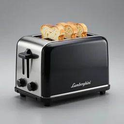 a lamborghini brand toaster with sliced bread in slots, bold aggressive futuristic angular design style, professional product shot