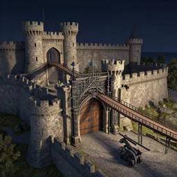 intricate iron fortress at night with stone architecture, massive wood and metal gates, tower keep, drawbridge, by greg rutkowski, artstation and rodney matthews, extremely hyperdetailed, intricate construction, ramparts, battlements, catapults, archers, uhd