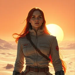 portrait of a paramedic woman with long red hair, blazing sun, in a huge desert, sci - fi by emile friant and moebius
