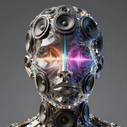 highly detailed surreal vfx portrait of a 3 d human head made of stacks of recursive speakers. polyphonic pulse projections, sonic beauty, ornate, future, metallic galactic, crystalline edges, polygonal, elegant, highly detailed, centered hyperrealistic, octane render, inspired by james jean, okuda sam miguel, android jones, beeple, rhads nvidia raytracing demo, 8 k