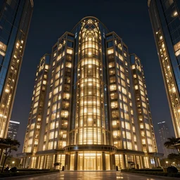 a large building that has a lot of lights on it, a digital rendering by Zaha Hadid, featured on shutterstock, art nouveau, hall of mirrors, glowing lights, constructivism