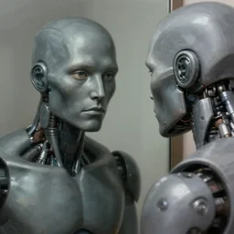 a photorealistic digital art drawing of a grey humanoid metallic robot with human features, dimples and a strong jawline staring at its own reflection in a mirror high resolution detailed organic lifelike