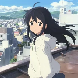 anime film visual of a long black haired girl wearing hoodie sightseeing city, standing on rooftop, cute face by ilya kuvshinov, makoto shinkai, kyoto animation, dynamic perspective and pose, detailed eyes, less nose, crisp and sharp cel shade