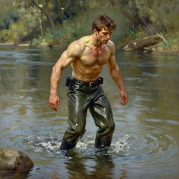 muscular soldier wading through a river, long rubber wading boots, sunlight shining on his skin, reflective water, painting by tom of finland, gaston bussiere, craig mullins, j. c. leyendecker, claude monet