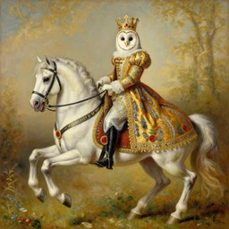 the royal king's barn owl riding a horse by greg hildebrant lisa frank fancy rococo baroque regal oil painting high quality award winning clothed in fancy garb
