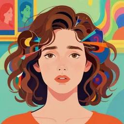 a colorful vibrant closeup portrait of a simple caucasian woman with curly mid length brown hair with a calm afraid aesthetic face broken reflections mirrored dreamy vibes and dreaming psychedelic hair, by kawase hasui, moebius, edward hopper and james gilleard, zdzislaw beksinski, steven outram colorful flat surreal design, 8 k, artstation