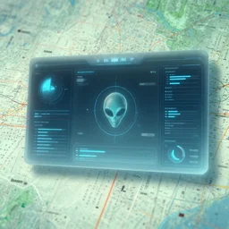 alien glyphs on navigation chart with translucent overlay panel showing well designed futuristic software user interface for movie, great composition and information design, concept art, cinematic, trending on artstation, 4 k