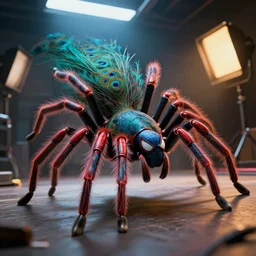 super super super epic cinematic shot of humanoid peacock tarantula spiderman colors, concept art, movie scene, 8k scene, ++++++ super super super dynamic action, dynamic lighting, dynamic shaders, studio lighting room, amazing quality