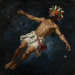 a Rastafarian floating in space, renaissance painting, high quality, highly detailed, anatomically correct, complementary colors