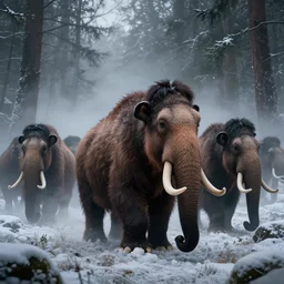 a herd of woolly mammoths emerging from fog, snowy forest, dramatic, cinematic, artstation, realistic photograph, ambient, dark shades of colors, unreal engine 5, rendered by octane