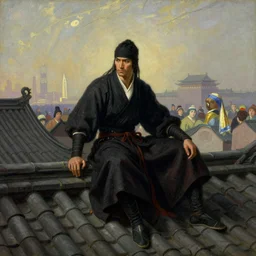 full character of a ancient chinese assassin sitting on the roof, painting by gaston bussiere, katsuya terada, nc wyeth, greg rutkowski, craig mullins, vermeer, frank frazetta, mucha, tom of finland, trending on artstation, jeffery catherine jones