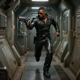 hyper - realistic grungy spaceship interior corridor, hyper - detail, an attractive athletic black man wearing a black leather jumpsuit, running, aims a blaster, anime. realistic shaded lighting by ilya kuvshinov giuseppe dangelico pino and michael garmash and rob rey, no signature, 8 k
